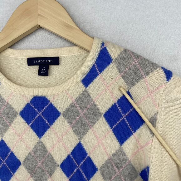 LANDS END Sweater Womens XS 2-4 Cashmere Argyle Long Sleeve Pullover Beige Blue - Picture 10 of 11